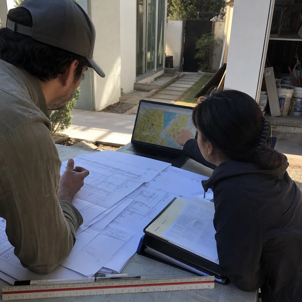 Two professionals working on ADU design and permitting with architectural blueprints