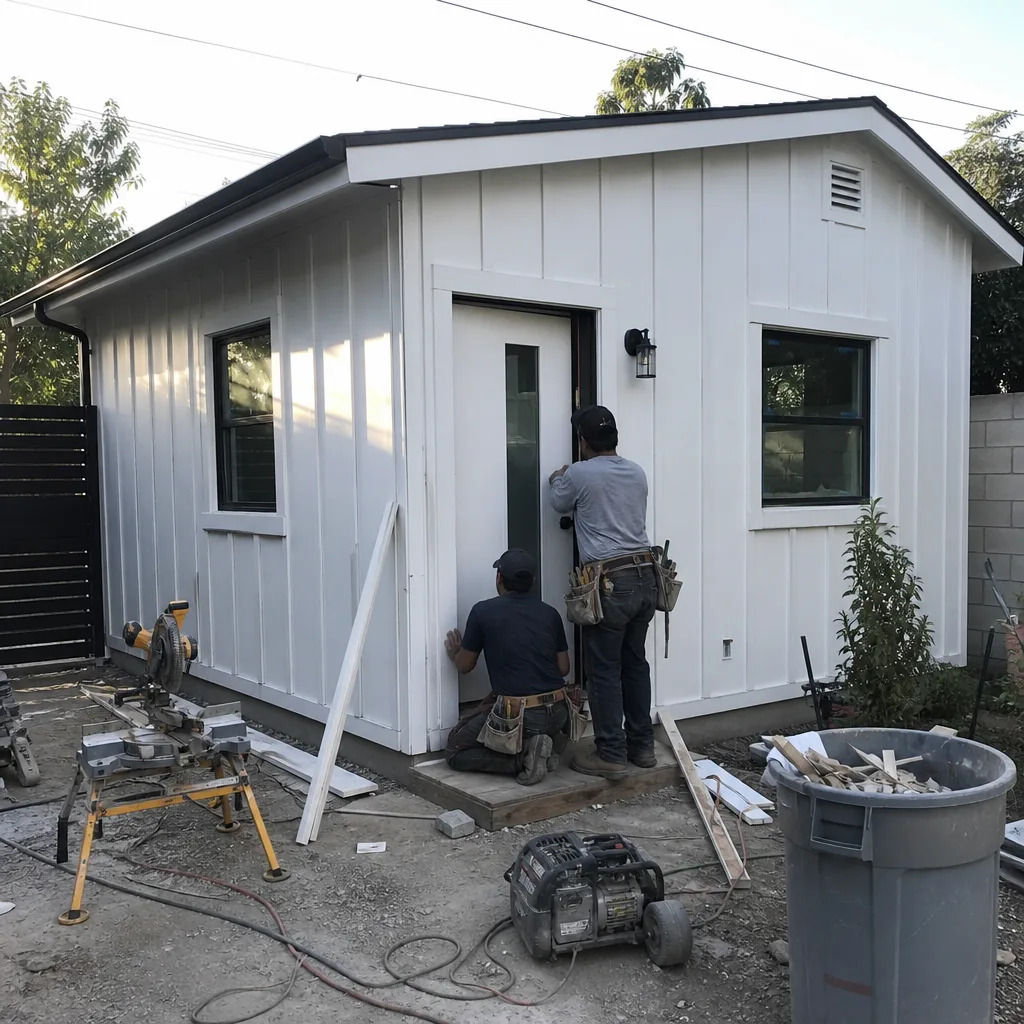 Contractors installing front door on a new white detached accessory dwelling unit