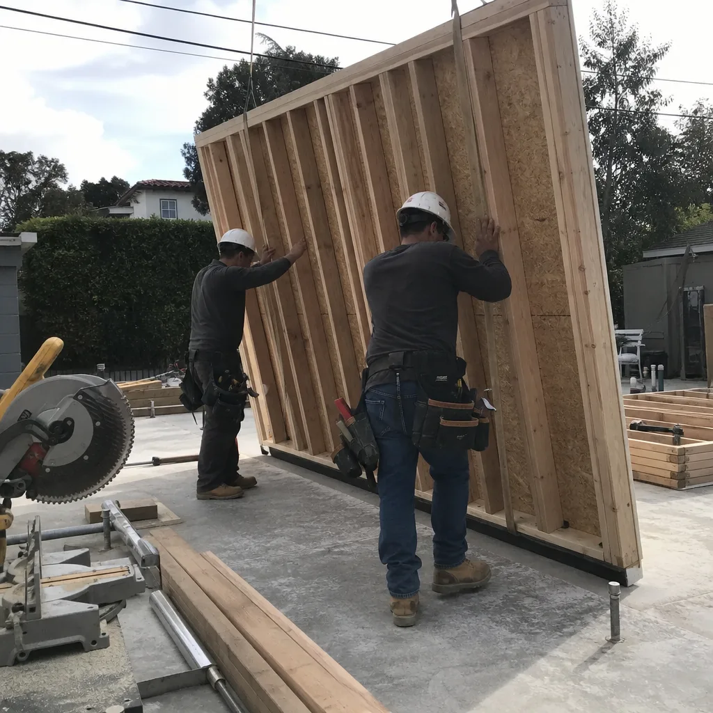 Construction workers installing a prefabricated wall panel for a new detached ADU